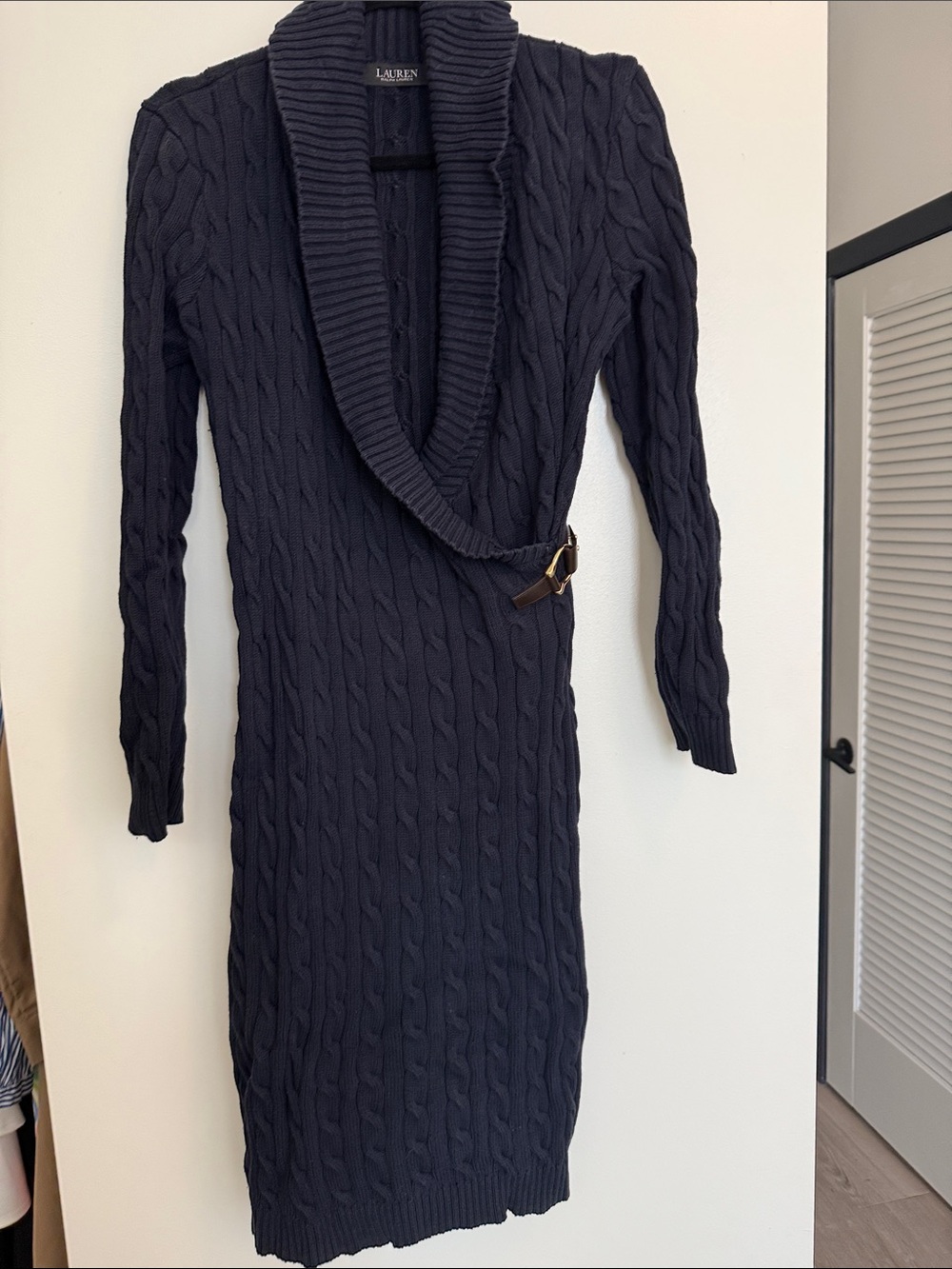 Lauren Ralph Lauren Navy Cable-Knit Shawl Collar Sweater Dress